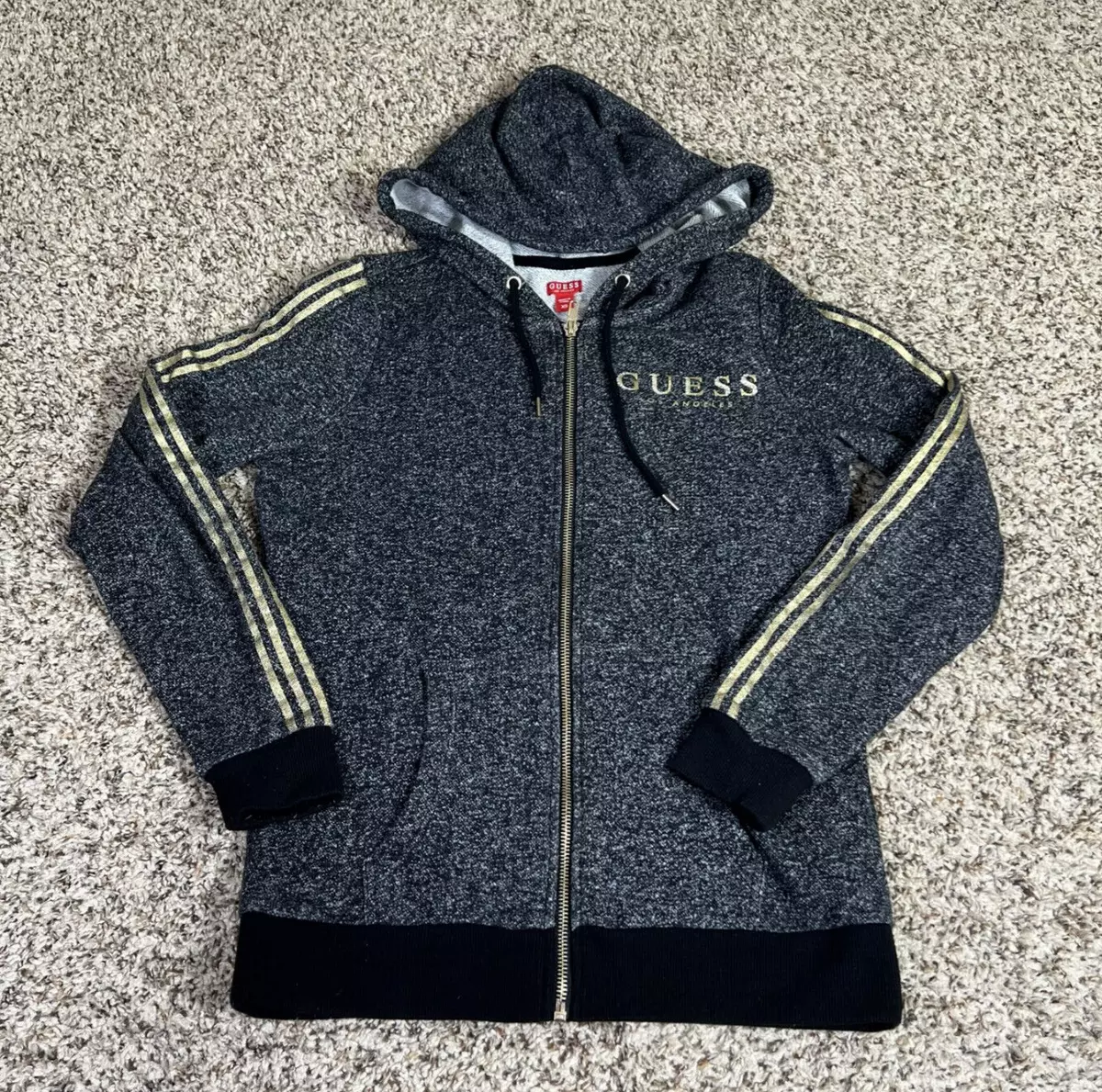 Guess Hoodie Woman s XS Heather Gray Gld Embelished Logo Long Sleeve Y2K
