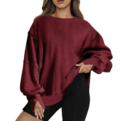 Women's Oversized Sweatshirt Crew Neck Long Sleeve Casual Slit Sloucthy Pullover - Picture 23 of 47