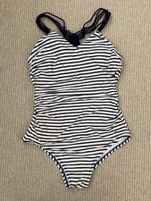Kona Sol Navy Blue White Stripe Shirred Macrame Strap One Piece Swimsuit Sz M