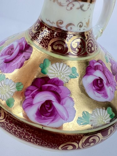 Antique Ewer Pitcher Porcelain Hand Painted Pink Roses Gold Gilding 6" - Picture 9 of 13