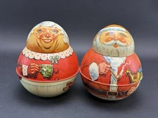 VTG  SANTA & MRS CLAUS 6 1/2" Roly Poly Tobacco Tin Bristol Ware Cheinco 1980-81