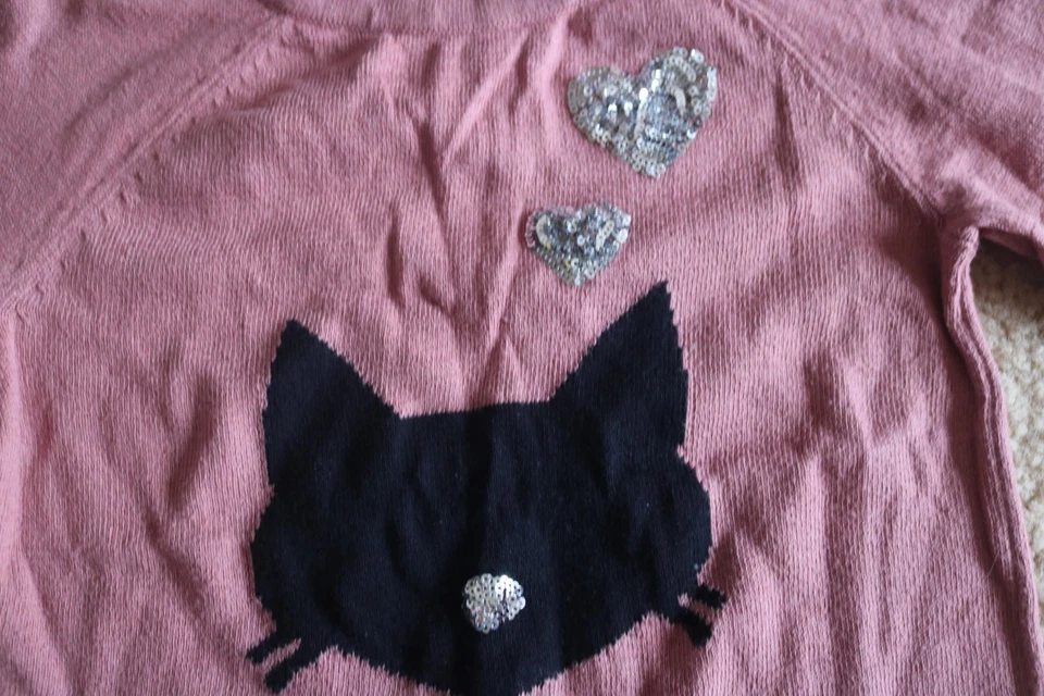 Suéter Place Niña Brilla Cara de Gato Corazones Borgoña Talla S 5/6 Foto 2 de 4