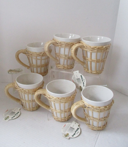 Vintage Boho Wicker Ceramic Straw Wicker Coffee Mugs Set of 6 Willow Mugs New - Picture 3 of 14