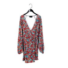 ASOS Red Blue Black Floral Puff Sleeve Slinky Mini Wrap Dress - Size 10