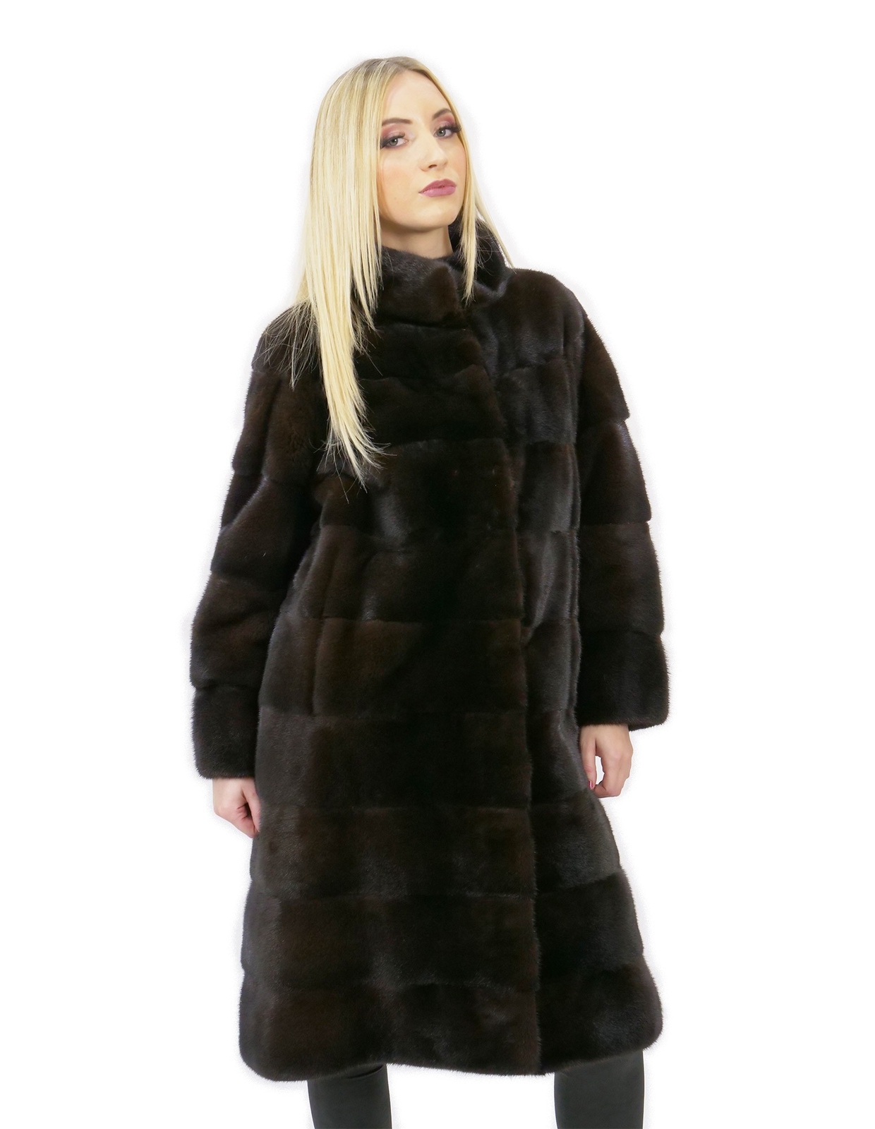 Coat 46 long 100 cm fur mink woman mahogany neck high sleeve 3/4