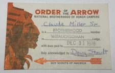 Boy Scout OA Membership Card - Lodge 44 Witauchsoman Pennsylvania 1978   RC6