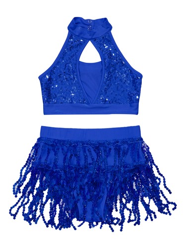 AU Girls Sequins Crop Top with Fringe Shorts Modern Jazz Latin Samba Dancewear - Picture 37 of 120