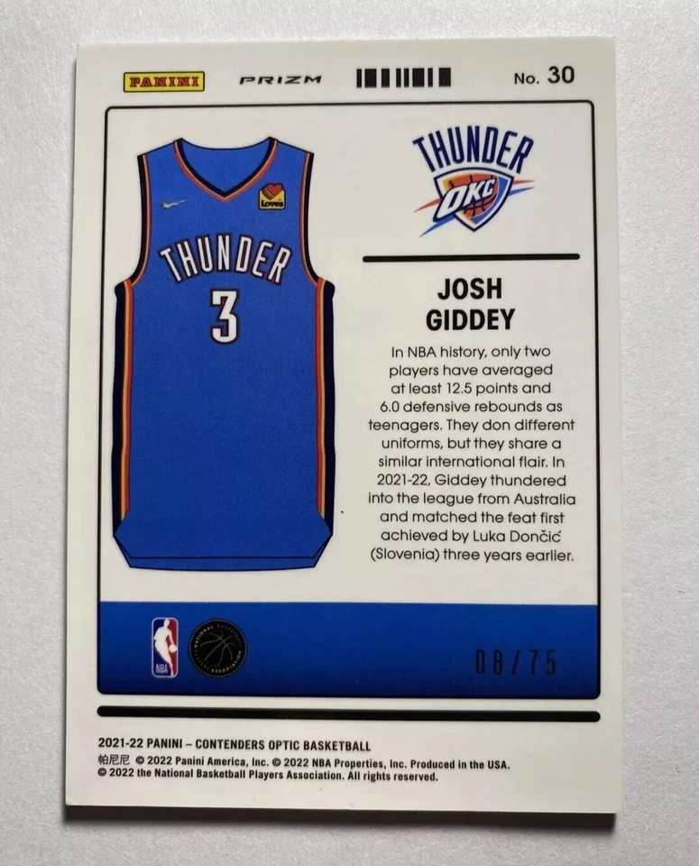 2021-22  Contenders Optic - Uniformity Blue Cracked Ice  #30 Josh Giddey /75 rc - Image 2 of 2