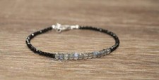925 Sterling Silver Natural Labradorite+Black Spinel 3-4mm Rondelle Bracelet 7