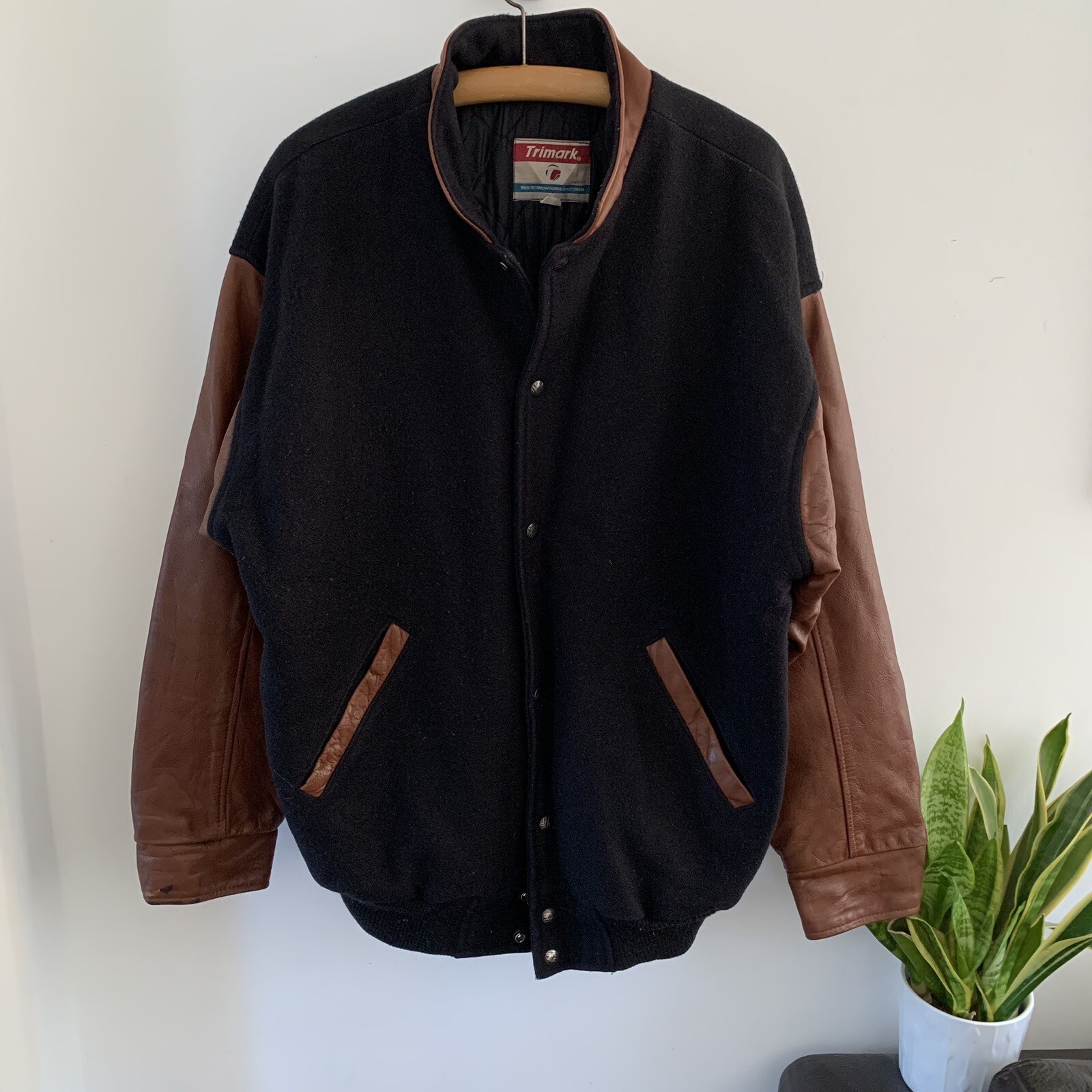 Leather Varsity Bomber Jacket for Men in Black & Brown Trimark Letterman XL-image