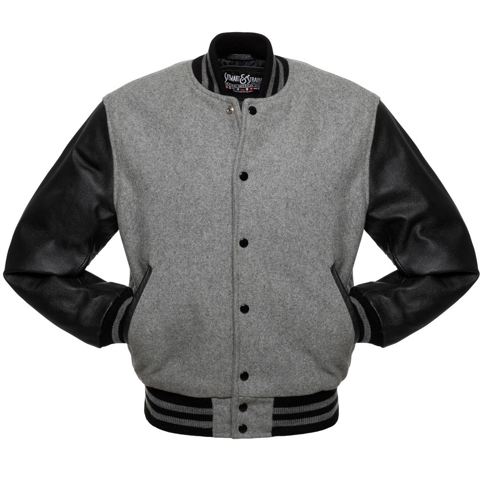 Stewart & Strauss Premium Grey Wool & Black Leather Varsity Bomber ...