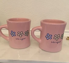 LIFE IS GOOD COFFEE MUG. RESTAURANT STYLED MUG.  Heavy &Art Deco PINK  Mug. B208