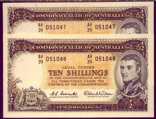 2 x CONSECUTIVE TEN SHILLING NOTES: aUNC/UNC R17 NO RESERVE