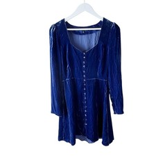 Intermix Blue Velvet Mini Dress Long Sleeve Button Down Square Neck Sz 6