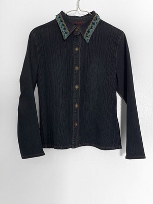 Vintage Y2K Pleats Collection Beaded Collar Crinkle Shacket Jacket Women M