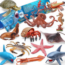 12 Pack Ocean Animal Toys with Booklet for Kids, Soft Plastic Sea Figures