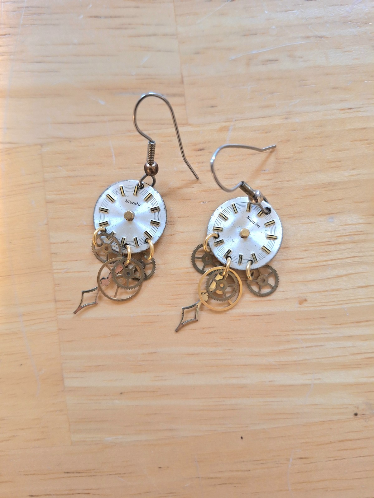 Steampunk Earrings Dangling Clockwork Pierced Used - image 1