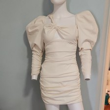 PRETTYLITTLETHING Ivory Puff Sleeve Square Neck Ruched Bow Mini Bodycon Dress 4