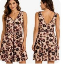 Simply Vera Wang Chiffon Floral Dress Sz L Pink Brown Pleated Trim Prairie City