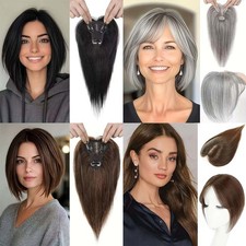 Breathable Human Hair Topper with Bangs Fits Thinning Hair  Gray Coverage Needs