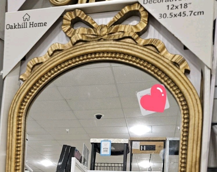 Oakhill Home Decorative Mirror w/ Gold-Colored Frame & Bow Top Center 12x18"