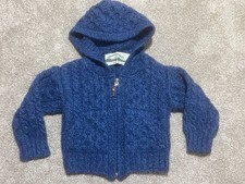 Aran Crafts Children's Irish Cable Knit Merino Wool Hooded Zip Cardigan, Blue