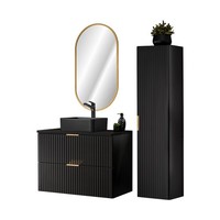 Badezimmer Set Ovaler Led Spiegel Keramik Waschbecken Hochschrank Schwarz Matt