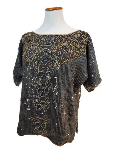 Vintage Scala Designer 100% Silk Sequin black Gold 1980s Top Blouse Size XL - Picture 13 of 24