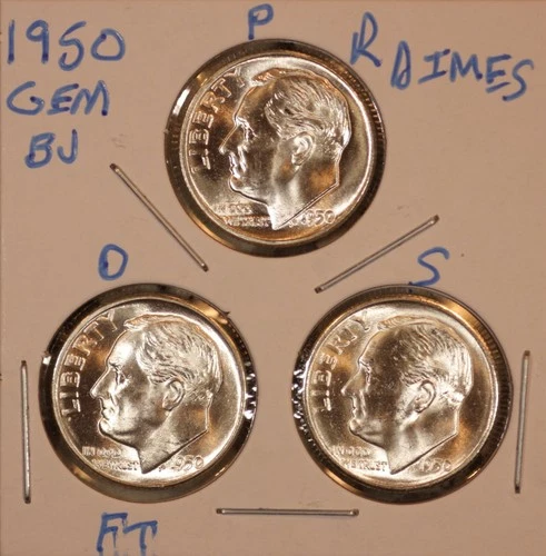 1950 P D S SILVER ROOSEVELT DIMES GEM BU D FULL BANDS! KEY DATE 500185 (3 COINS)