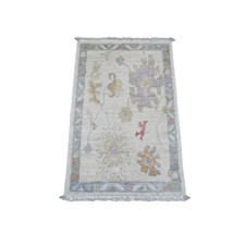 2'x3' White Afghan Angora Oushak Floral Pattern Hand Knotted Wool Mat Rug R20757