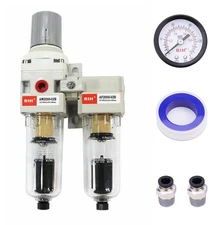 RIH Pneumatics 1/4'' NPT Auto Drain Compressed Air Double Filter & Regulator,...
