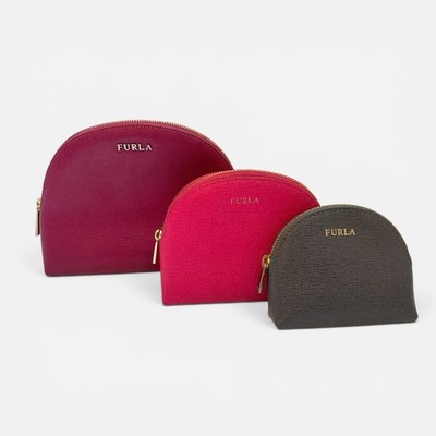 Furla Cosmetic Pouch Set Saffiano Leather Makeup Bag Trio Pink Brown Gold Tone
