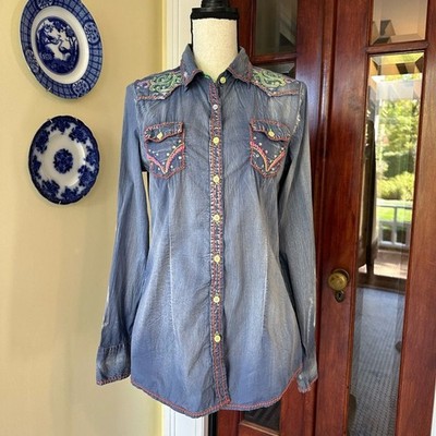 Roar | Western Button Down Shirt, Embroidery & Rhinestone Details, Size M