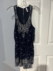 Xhilaration Medium Blue White Shorts Romper Sleeveless Elastic Waist Back Zip