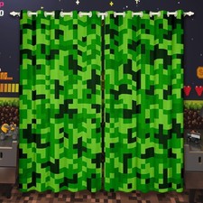 Green Pixelated Miners Gamer Curtains,Video Games Window Curtain,Kids Boys Gi...