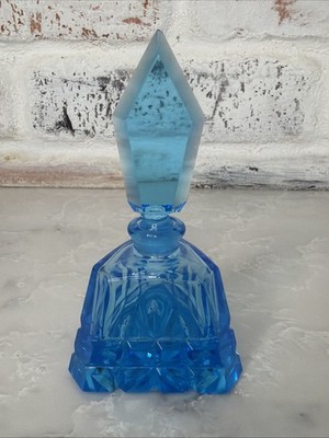 Vintage Blue Faceted Diamond Shape Etched Glass Perfume Bottle & Stopper