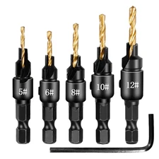 5PCS Countersink Drill Bit Set, #5, #6, #8, #10, #12, High-Speed Steel Counter
