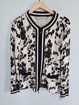 Austin Reed Women Cardigan Sweater Size Medium Abstract Floral B/W  Zip Front