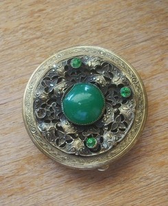 Vtg goldtone  Green/Jewel Tone Colors Rhinestones Powder Compact 2" filigree 50s