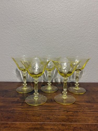SET(5) VTG Yellow 5.5"H Floral Etched Glasses Uv Reactive