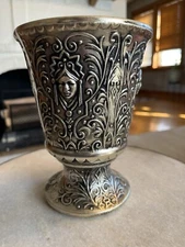 Vintage Mount Clemens Pottery Co. Antiqua Silver Glaze Vase/Planter.  5”  Faces