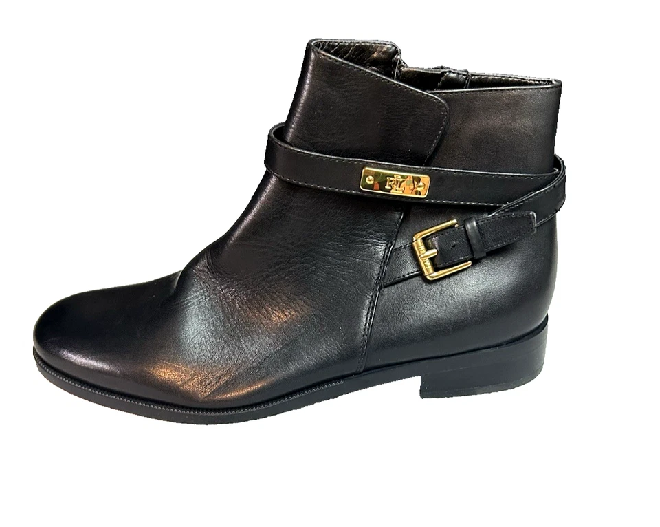 Lauren Ralph Lauren Borgia Boots Black With Gold Buckles Size 8.5 Flats - Image 4 of 4