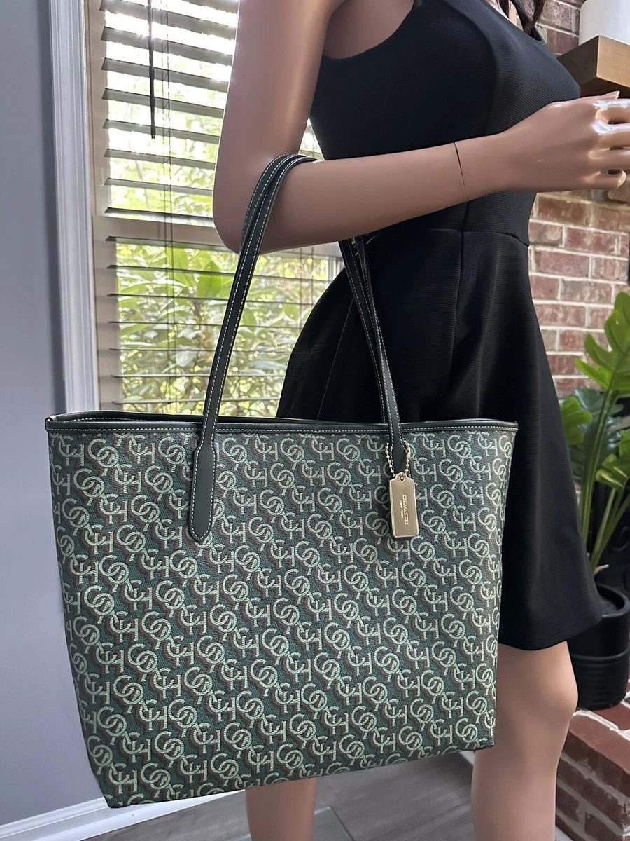 NWT Large Coach Monogram City Tote Signature Green bag CF342 $398