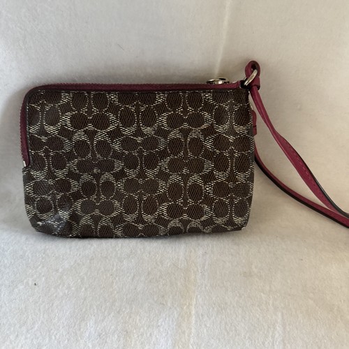 Coach Signature Zip Wallet Wristlet Tan Brown Pink Accents 6x4.5” - Picture 3 of 9