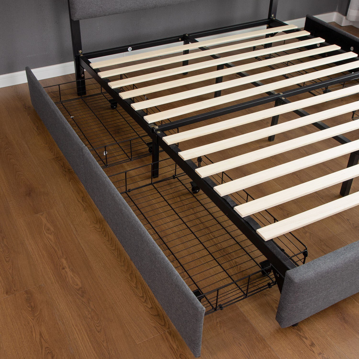 Bed Frame with 4 Storage Drawers,Fabric Upholstered Stripe Queen Size
