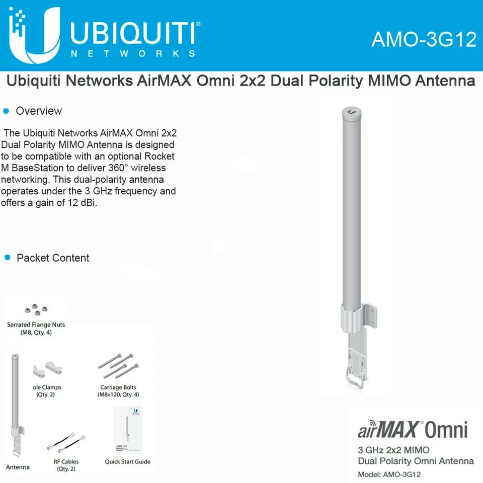 Ubiquiti AMO-3G12 3GHz 3.65GHz 12dBi Omni Antenna Dual Polarity 2X2 MIMO - Image 2 of 2