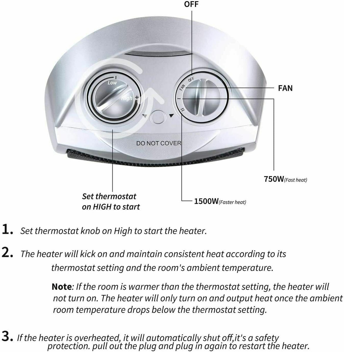 Portable Electric Space Heater with Thermostat, 1500W/750W Safe Quiet  Ceramic | eBay