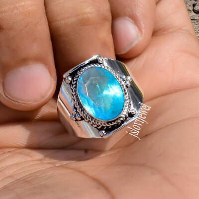 London Blautopas Edelstein 925 Sterlingsilber Handarbeit Ring Geschenk für Eh...