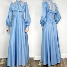 VNT 1970s Blue Union Made Prairie Maxi Dress Puff Long Sleeves Lace Ruffle SZ XS