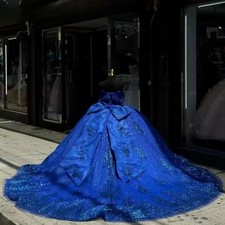 Shiny Royal Blue Quinceanera Dresses Ball Gown Long Bow Beading Lace Sweet 16
